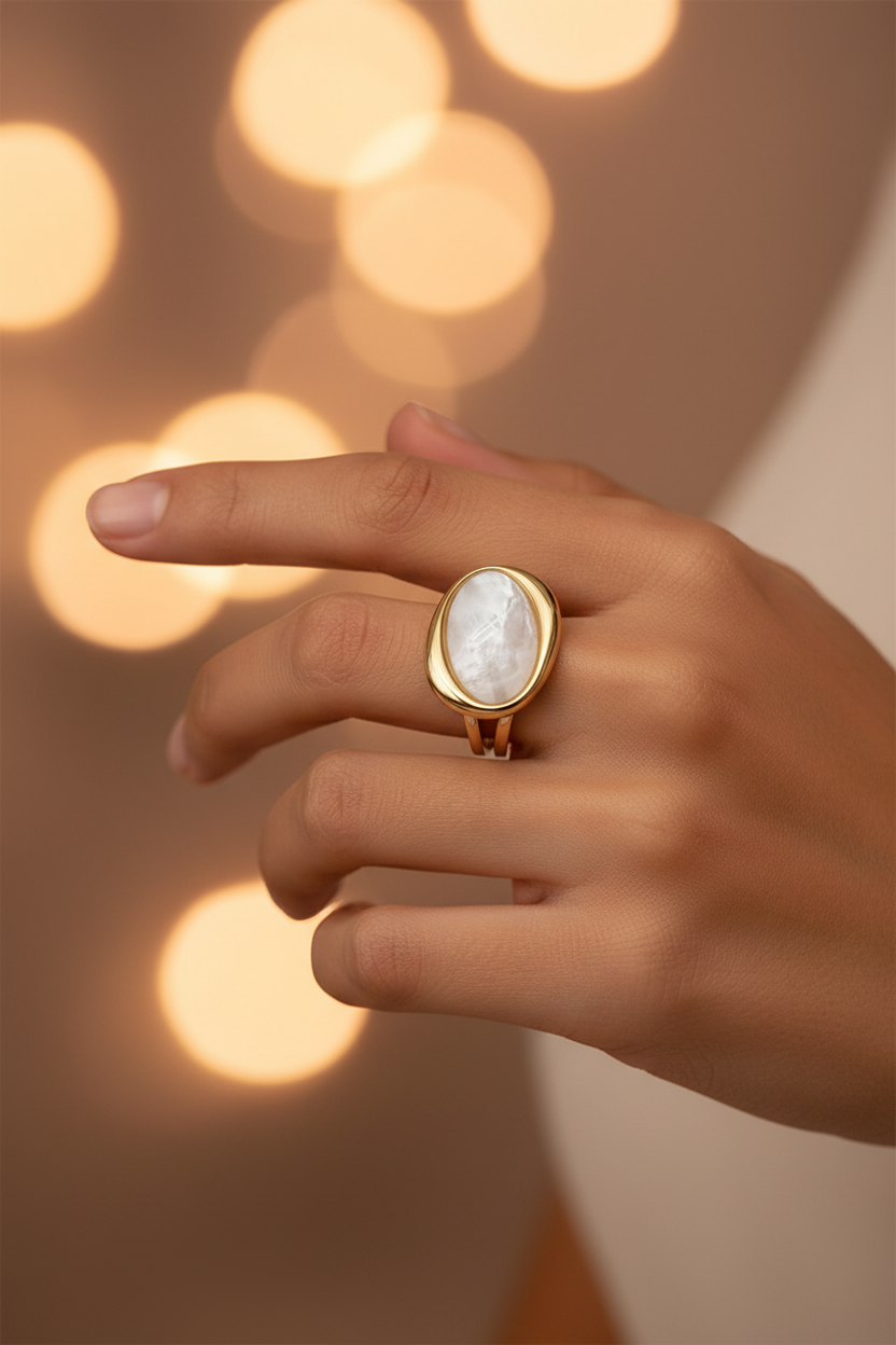 Anel dourado com pedra branca em madrepérola num dedo