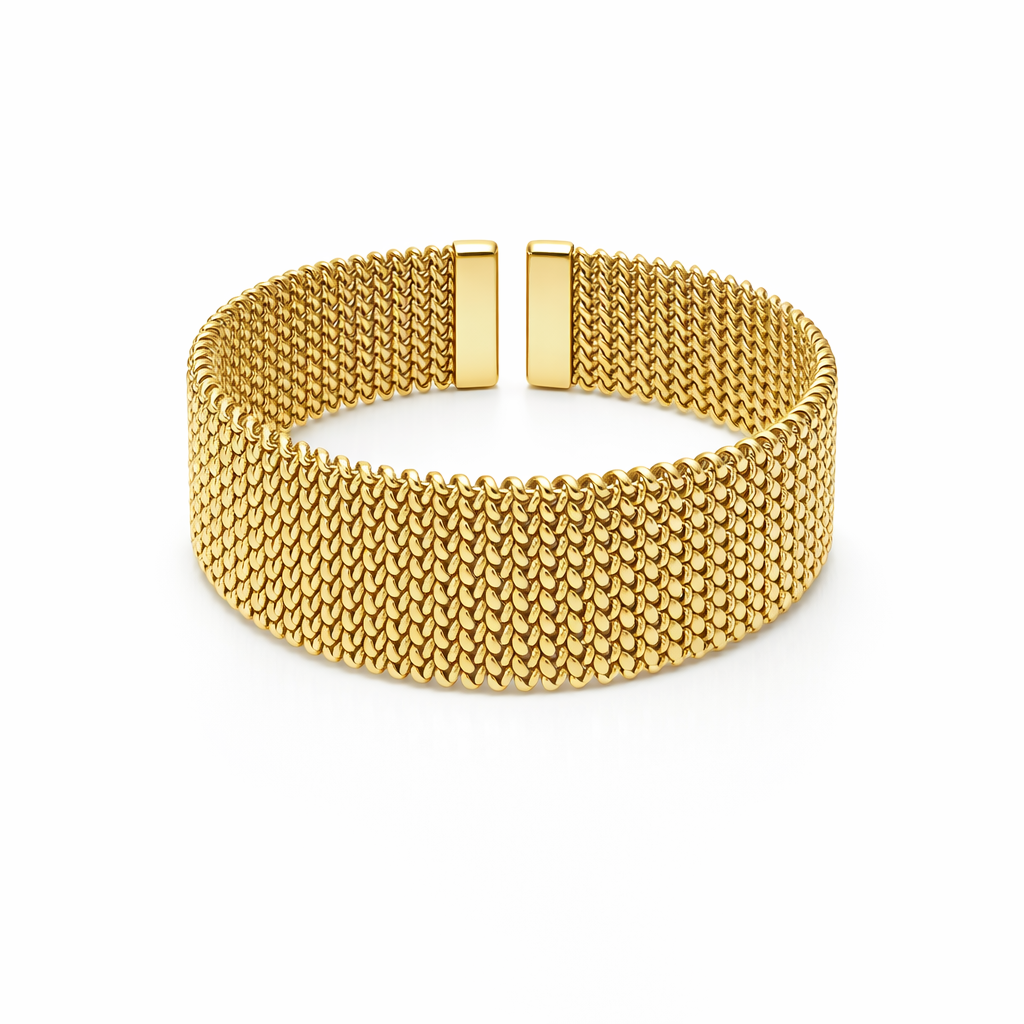 Pulseira dourada de malha trançada com fecho aberto