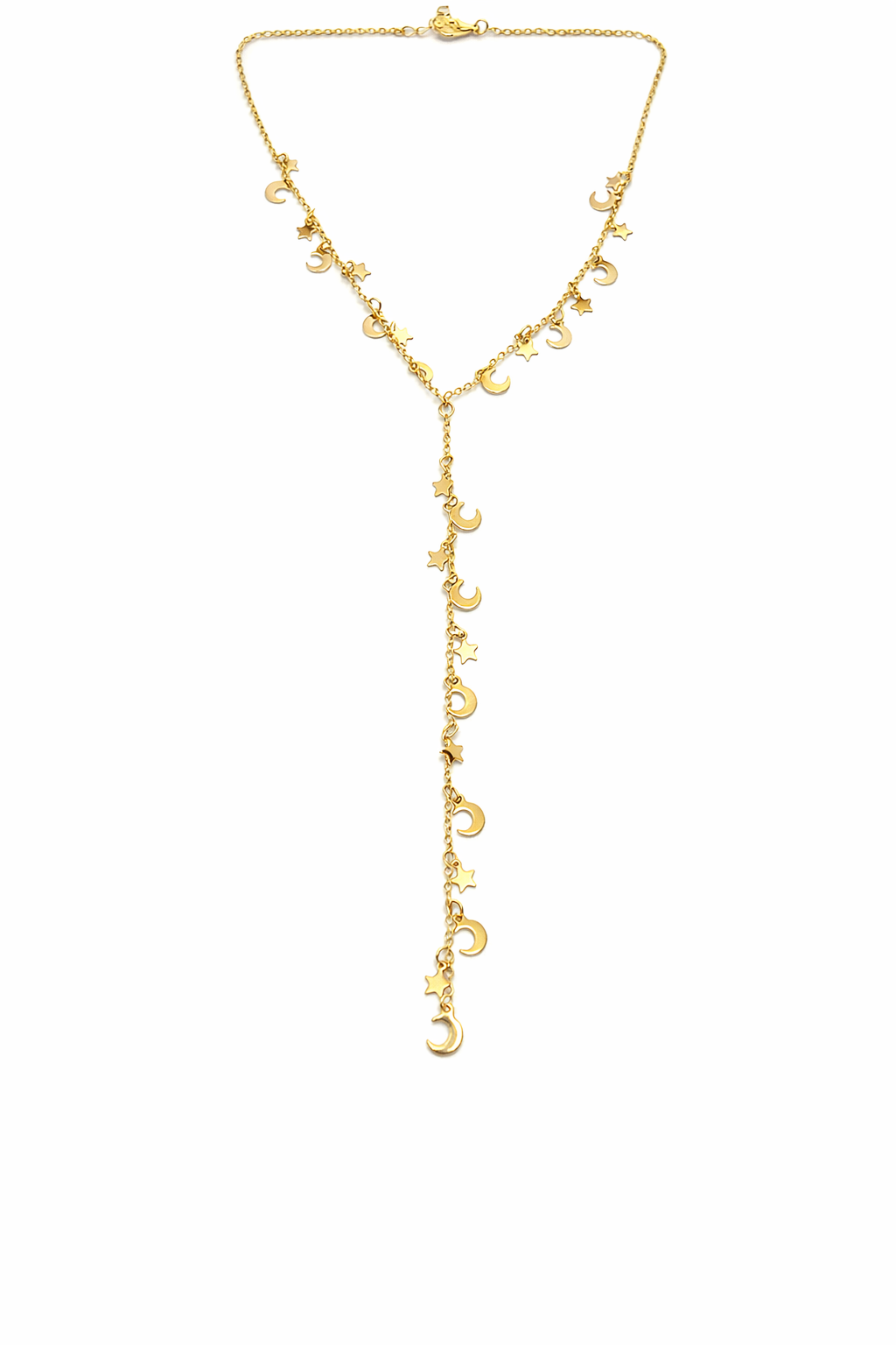 Colar dourado com estrelas e luas pendentes
