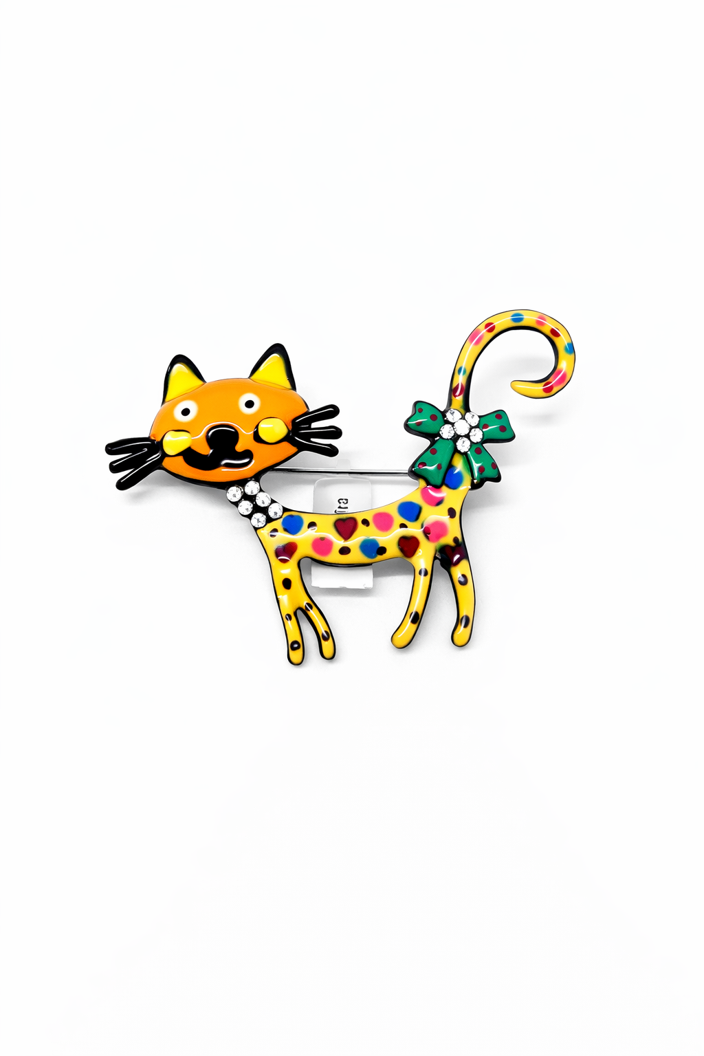 Broche em forma de gato colorido com laço verde e brilhantes
