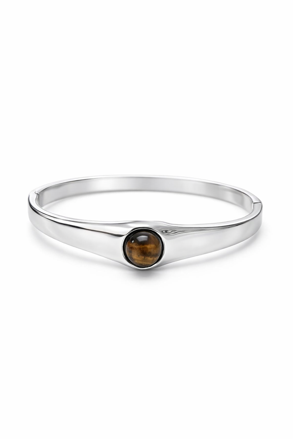 Pulseira de metal prateado com pedra castanha redonda no centro