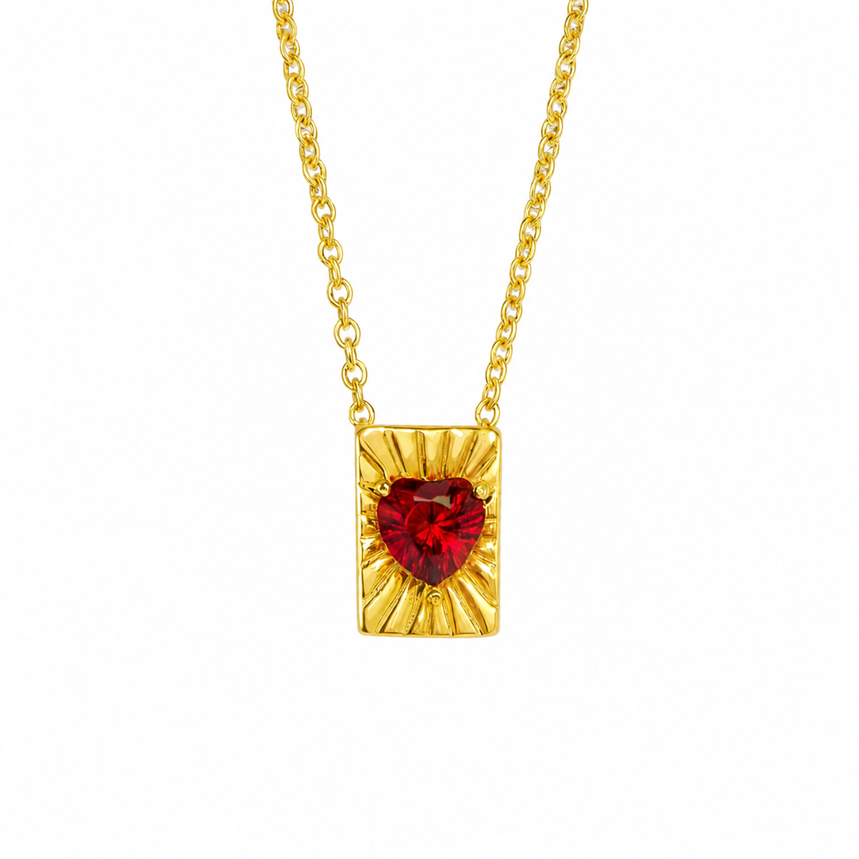 Colar dourado com pendente retangular e pedra vermelha em forma de coração