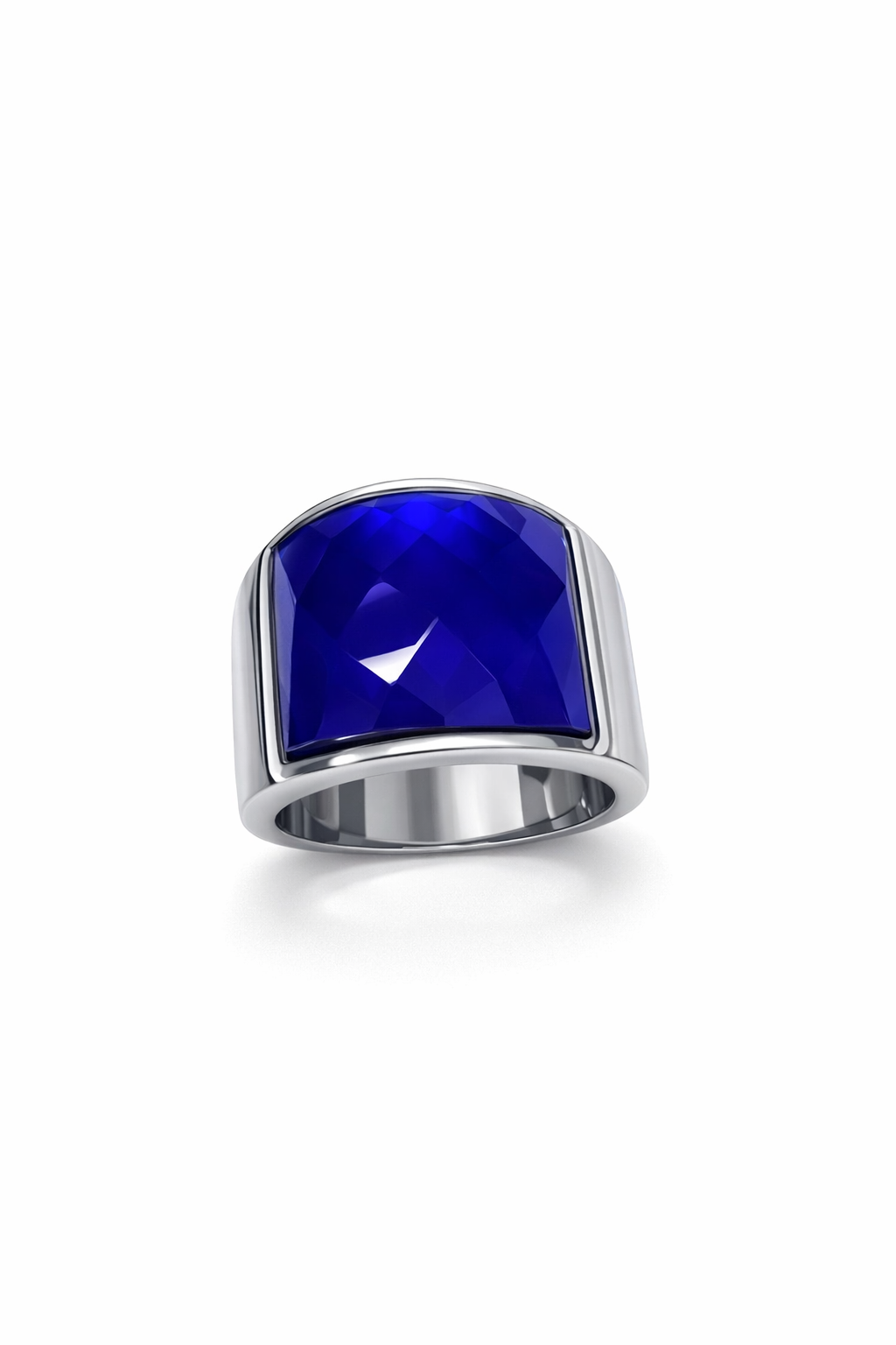 Anel prateado com pedra azul facetada