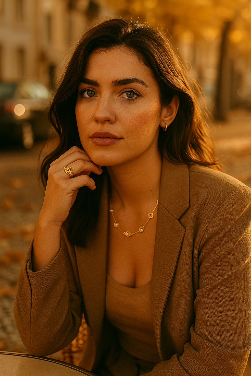 Acessórios: a elegância que aquece o teu look de outono Mulher com joias douradas e roupa castanha num cenário outonal ao ar livre