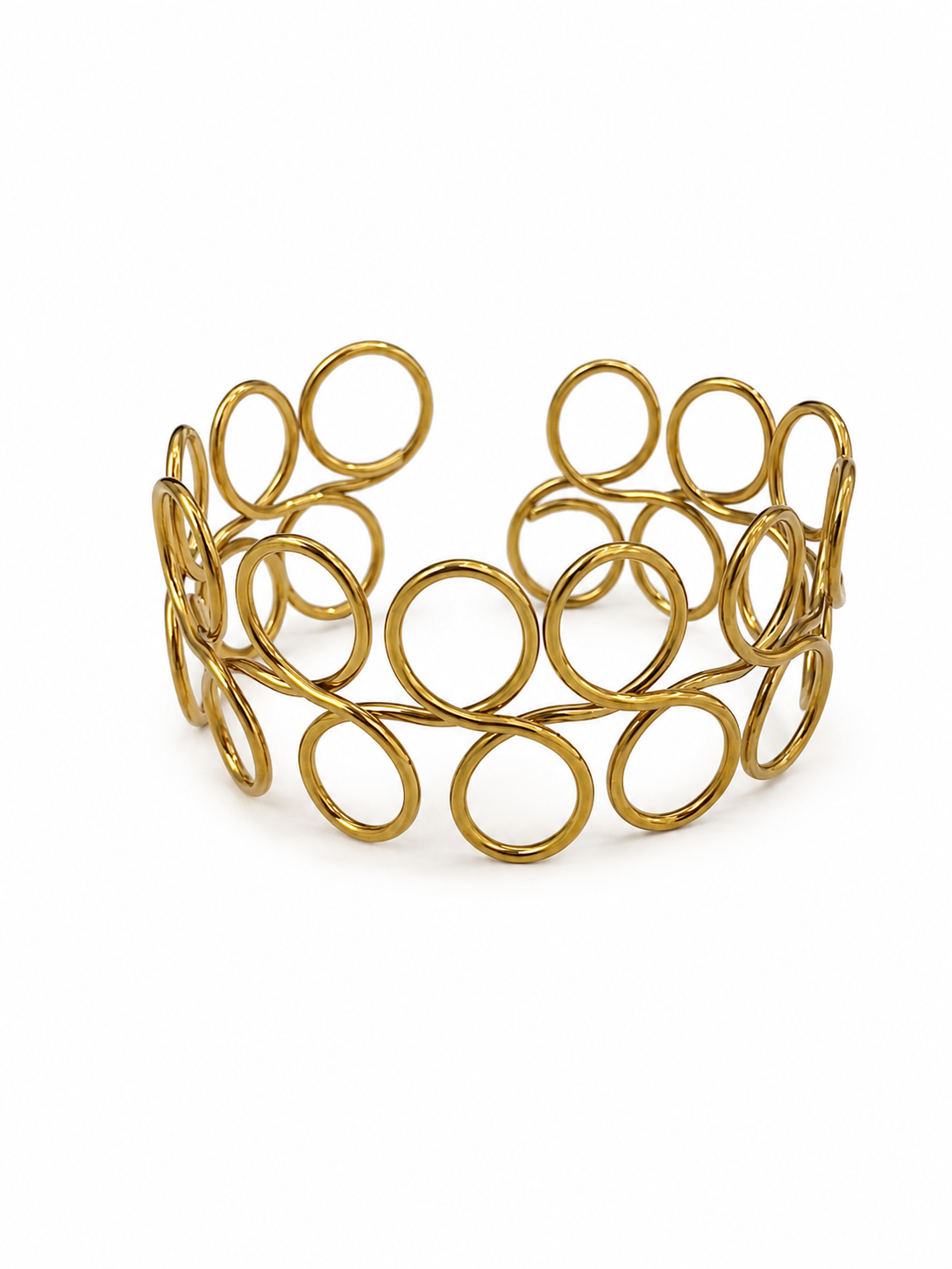 Pulseira dourada em metal com anéis entrelaçados