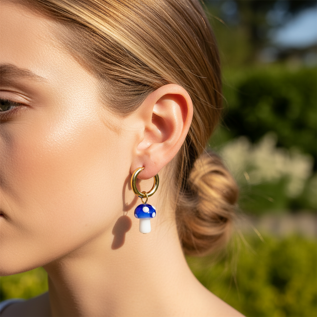 Brinco de argola dourada com pendente de cogumelo azul