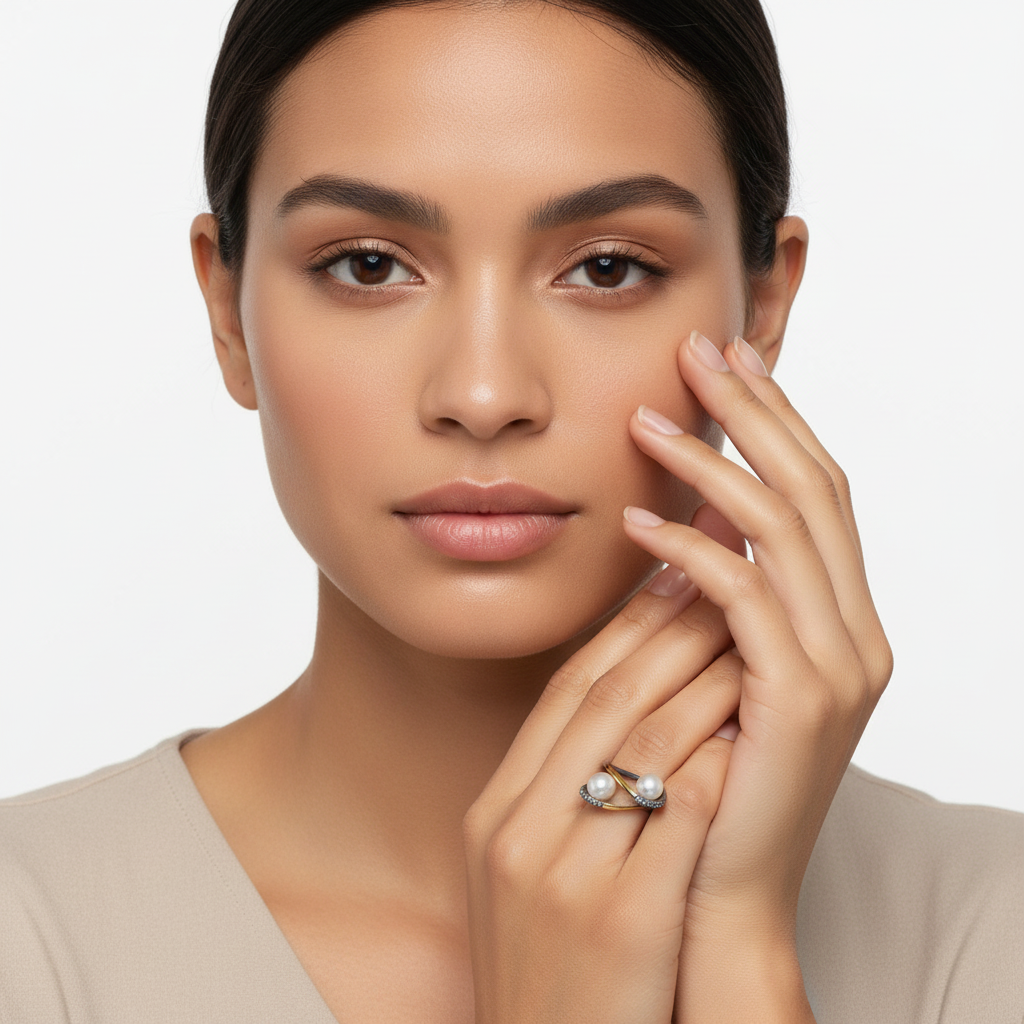 Mulher a usar anel de ouro com pérolas e diamantes