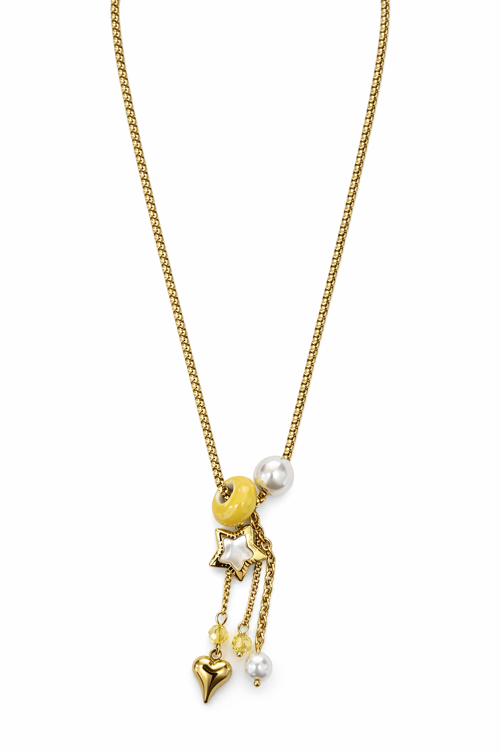 Colar dourado com pendentes de estrela, coração, pérolas e contas amarelas