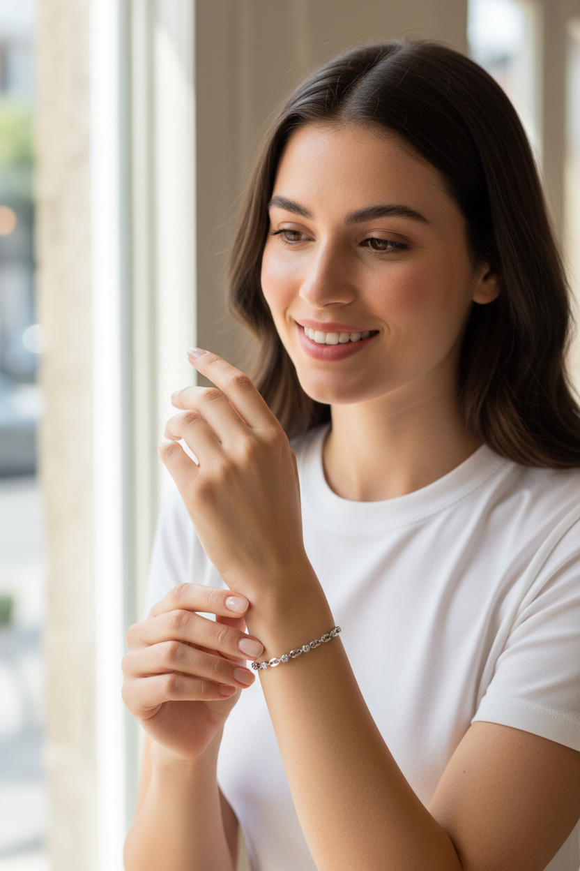 Pulseira feminina prateada com pedras brilhantes no pulso