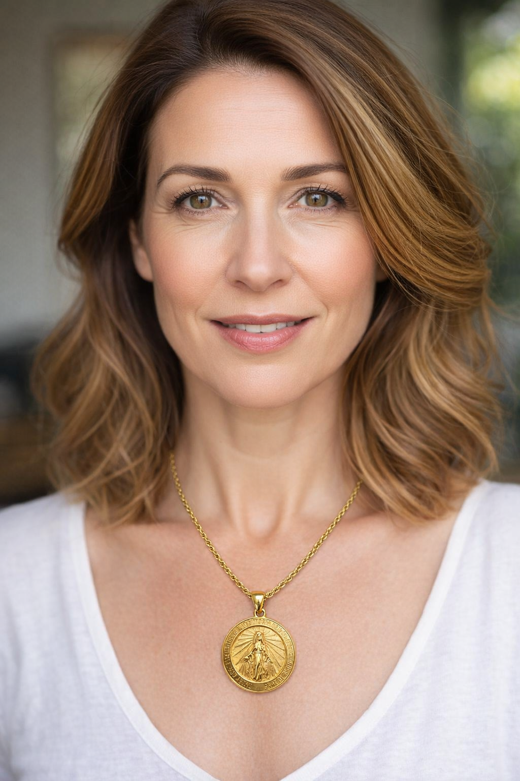 Colar dourado com pendente redondo gravado usado por mulher