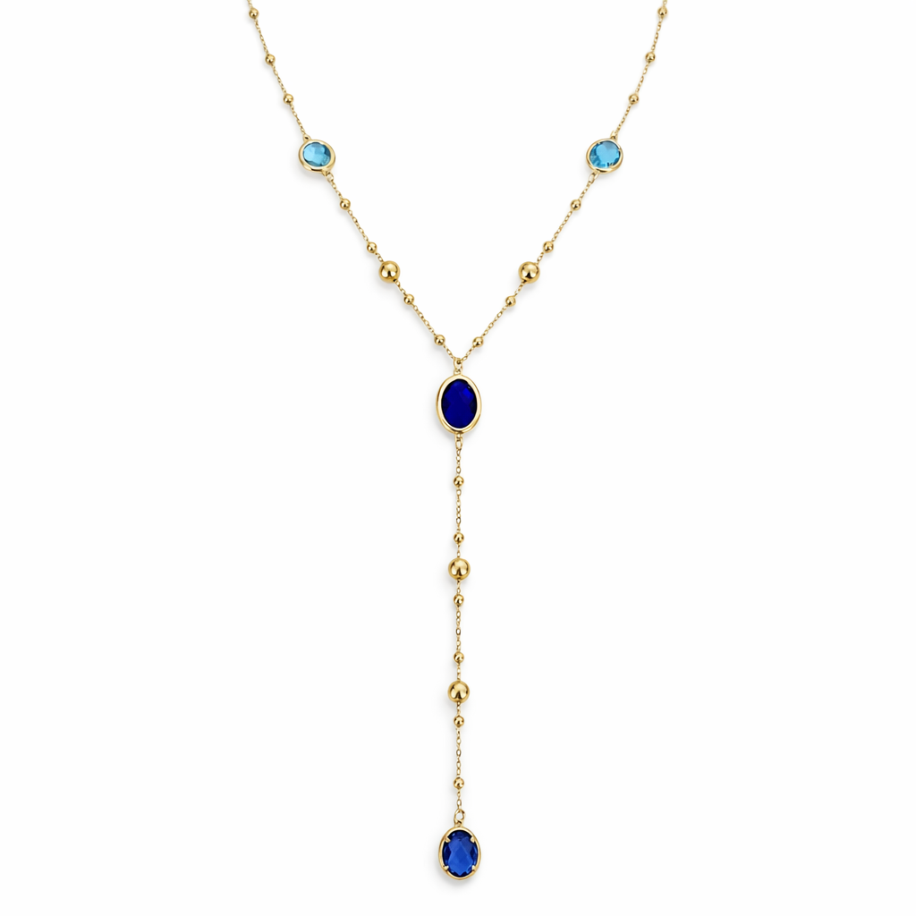 Colar dourado com pedras azuis e corrente fina