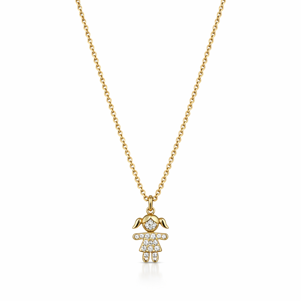 Colar com pendente em forma de menina dourado com pedras