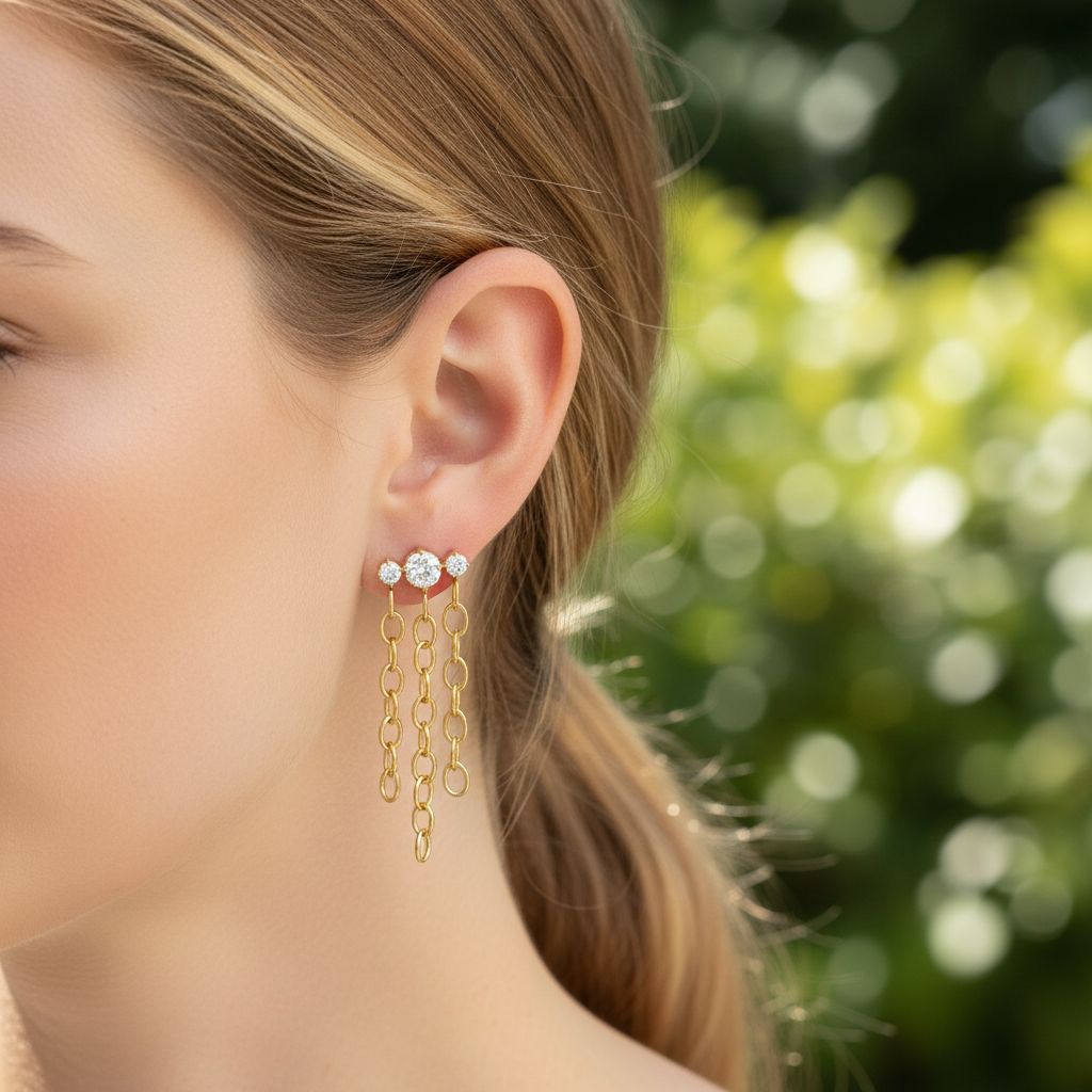 Brincos dourados com correntes e pedras brilhantes na orelha