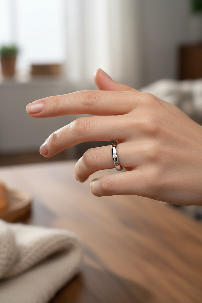 Anel prateado com diamante numa mão feminina