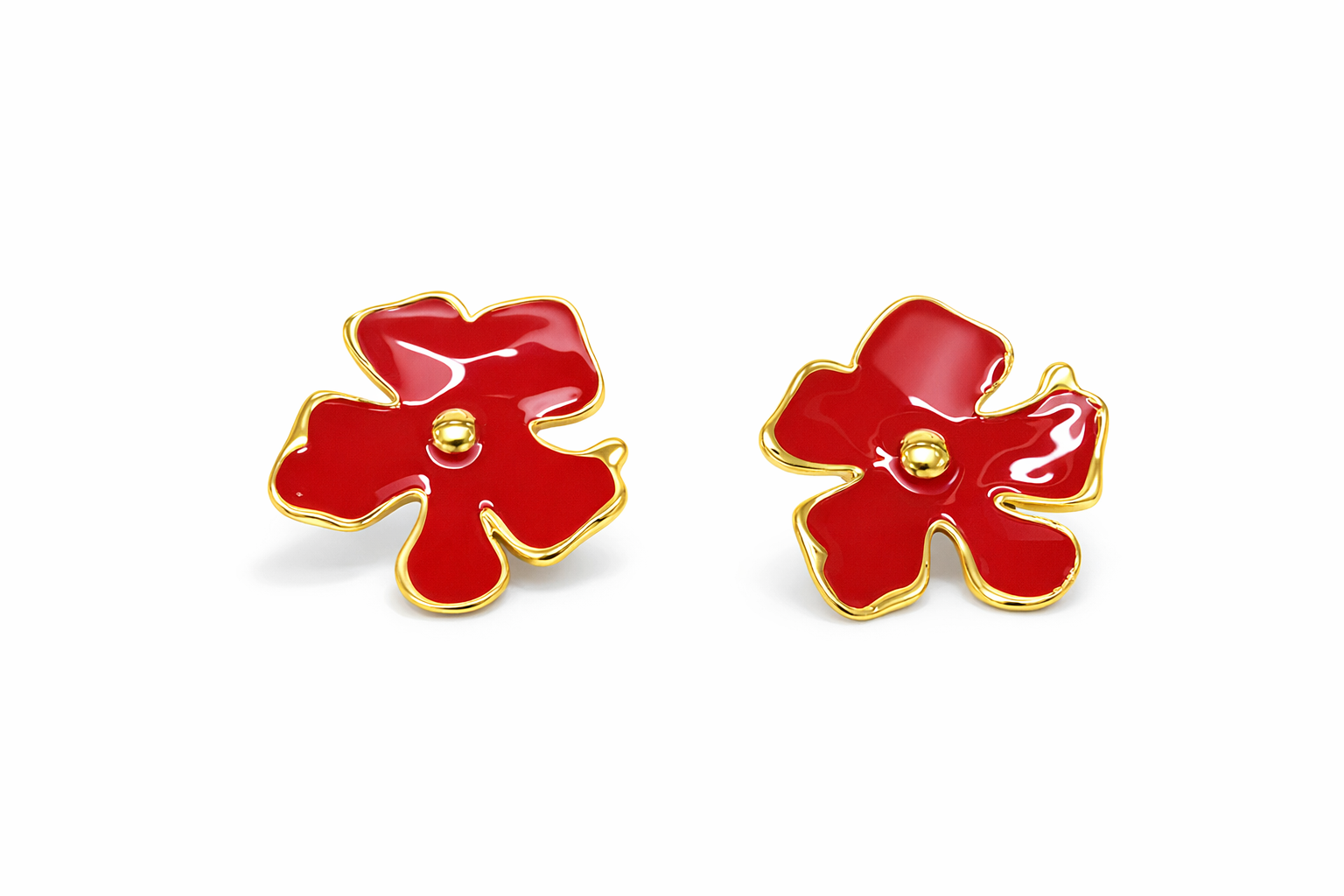 Brincos flor vermelhos com contorno dourado e centro dourado