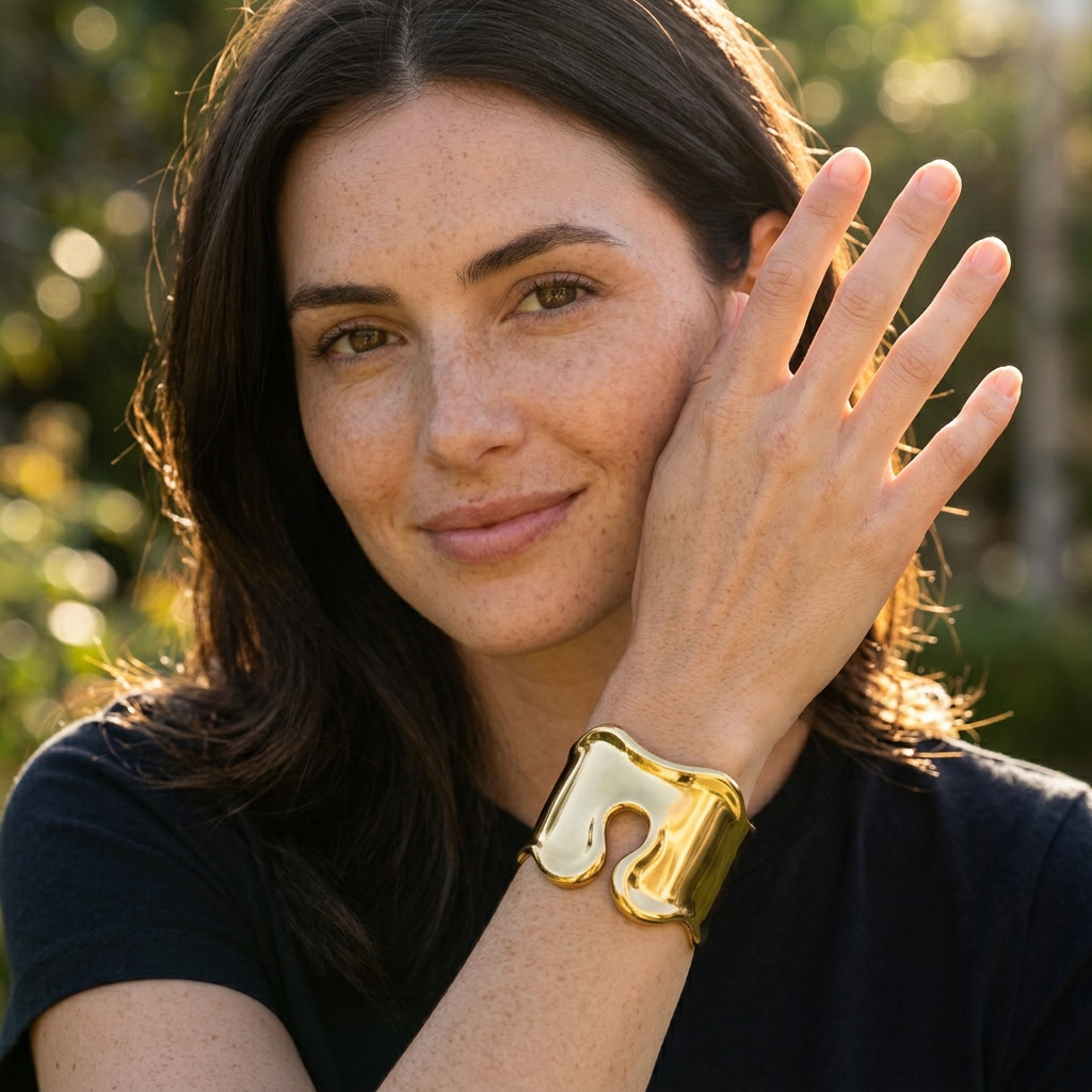 Pulseira dourada larga no pulso de mulher com cabelo castanho e t-shirt preta ao ar livre