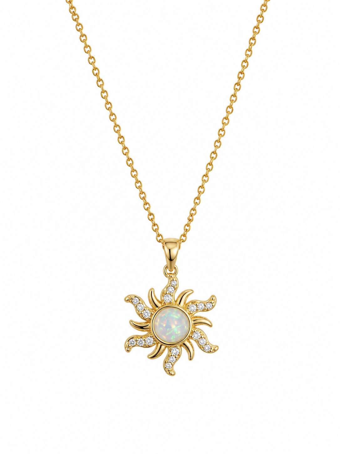 Colar dourado com pendente sol e pedra opalescente