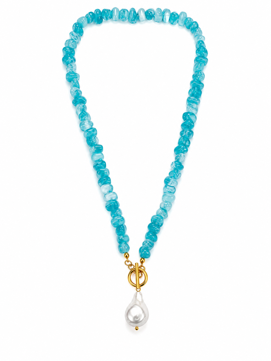 Colar com contas azul-turquesa, fecho dourado e pendente de gota perolada