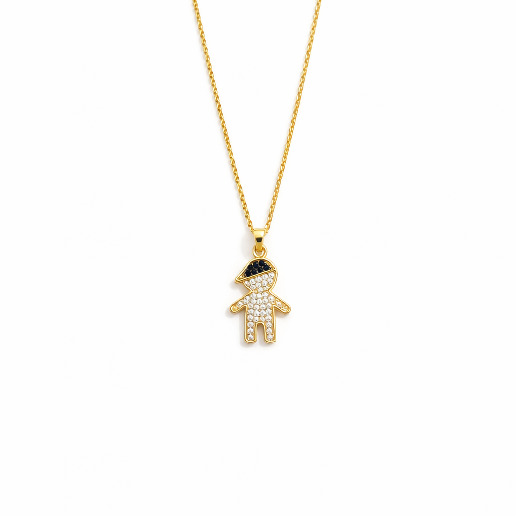 Colar dourado com pendente de boneco com pedras brancas e pretas