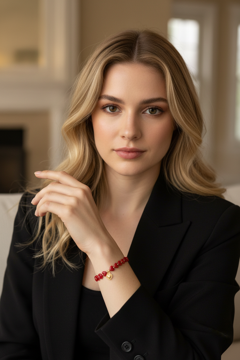 Mulher com pulseira vermelha e medalha dourada no pulso, vestindo blazer preto e camisa preta.