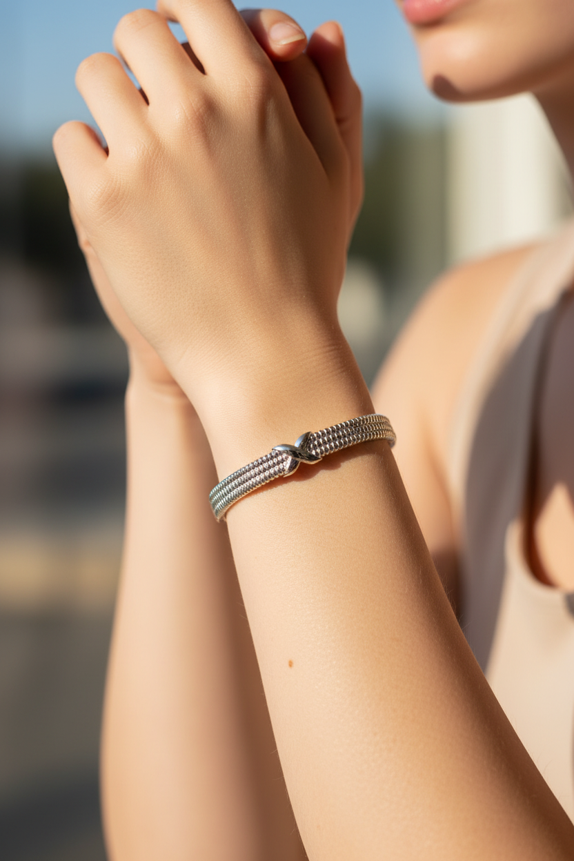 Pulseira prateada em malha fina com detalhe cruzado no pulso