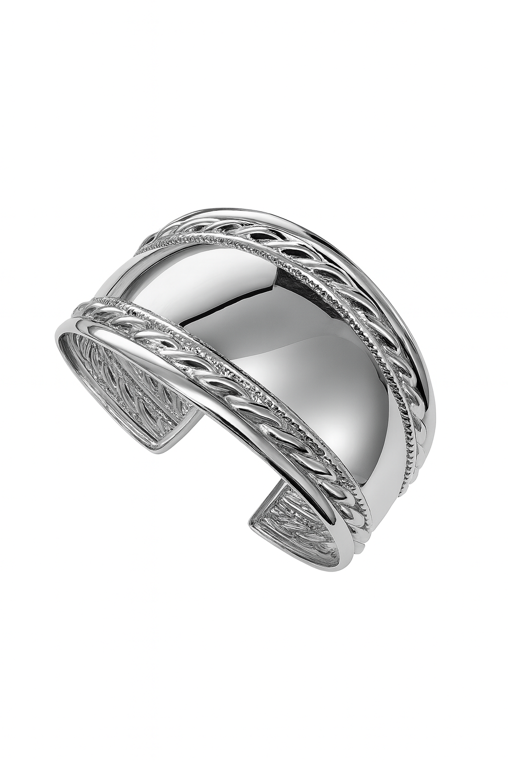 Pulseira prateada larga com entrelaçado decorativo