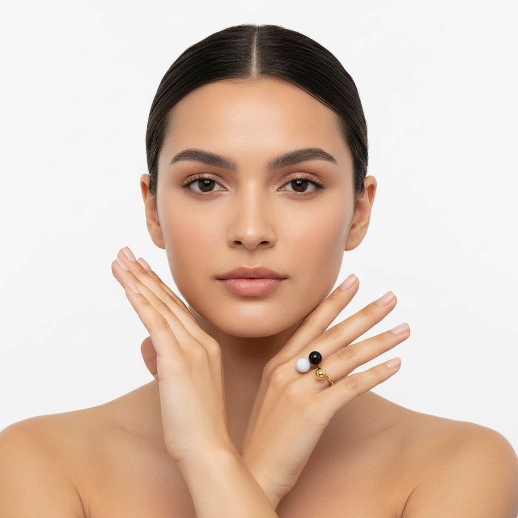 Mulher com anel dourado de esferas preto, branco e dourado na mão direita