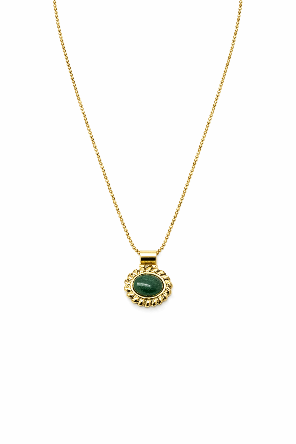 Colar dourado com pingente verde oval