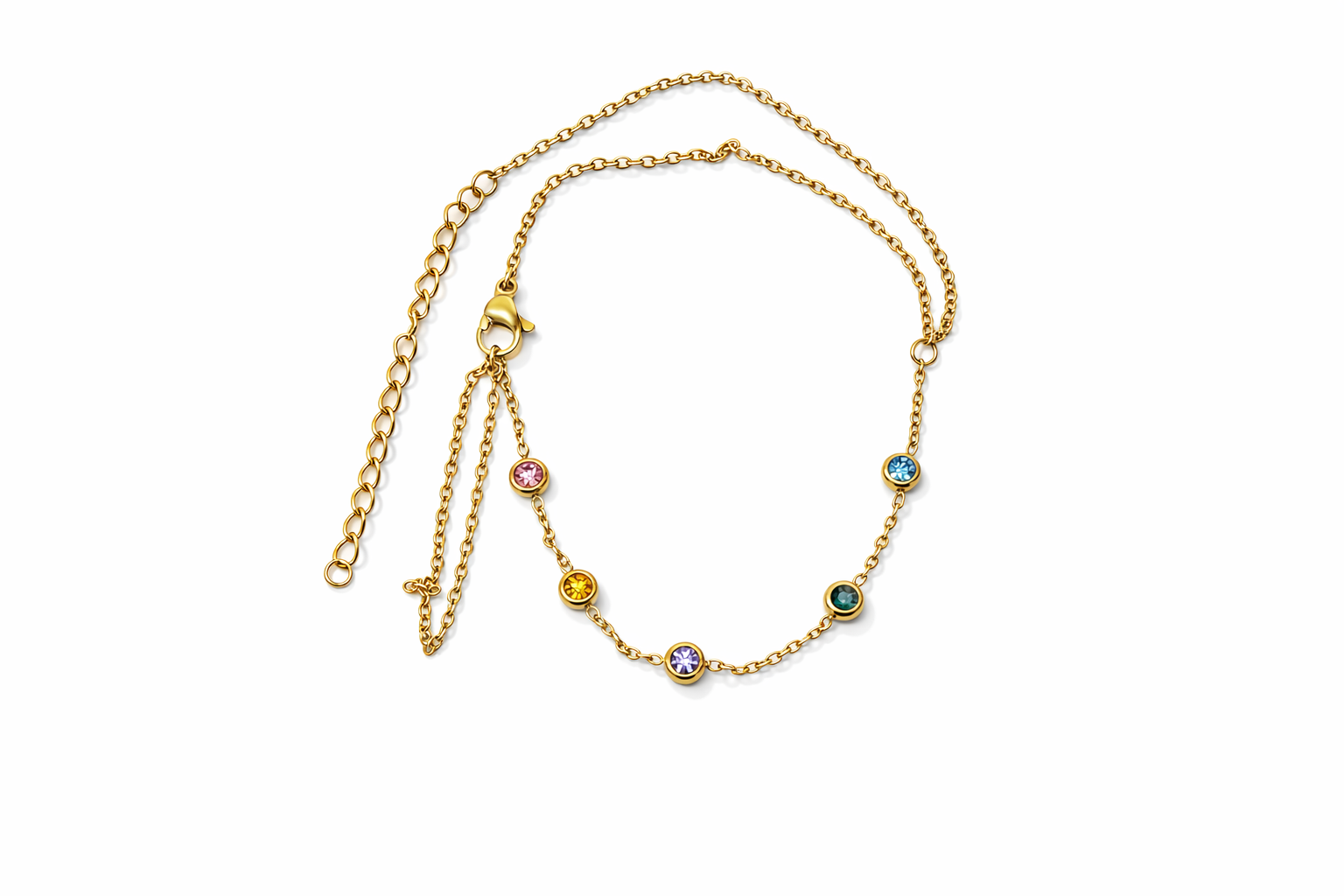 Colar dourado com cinco pedras coloridas embutidas