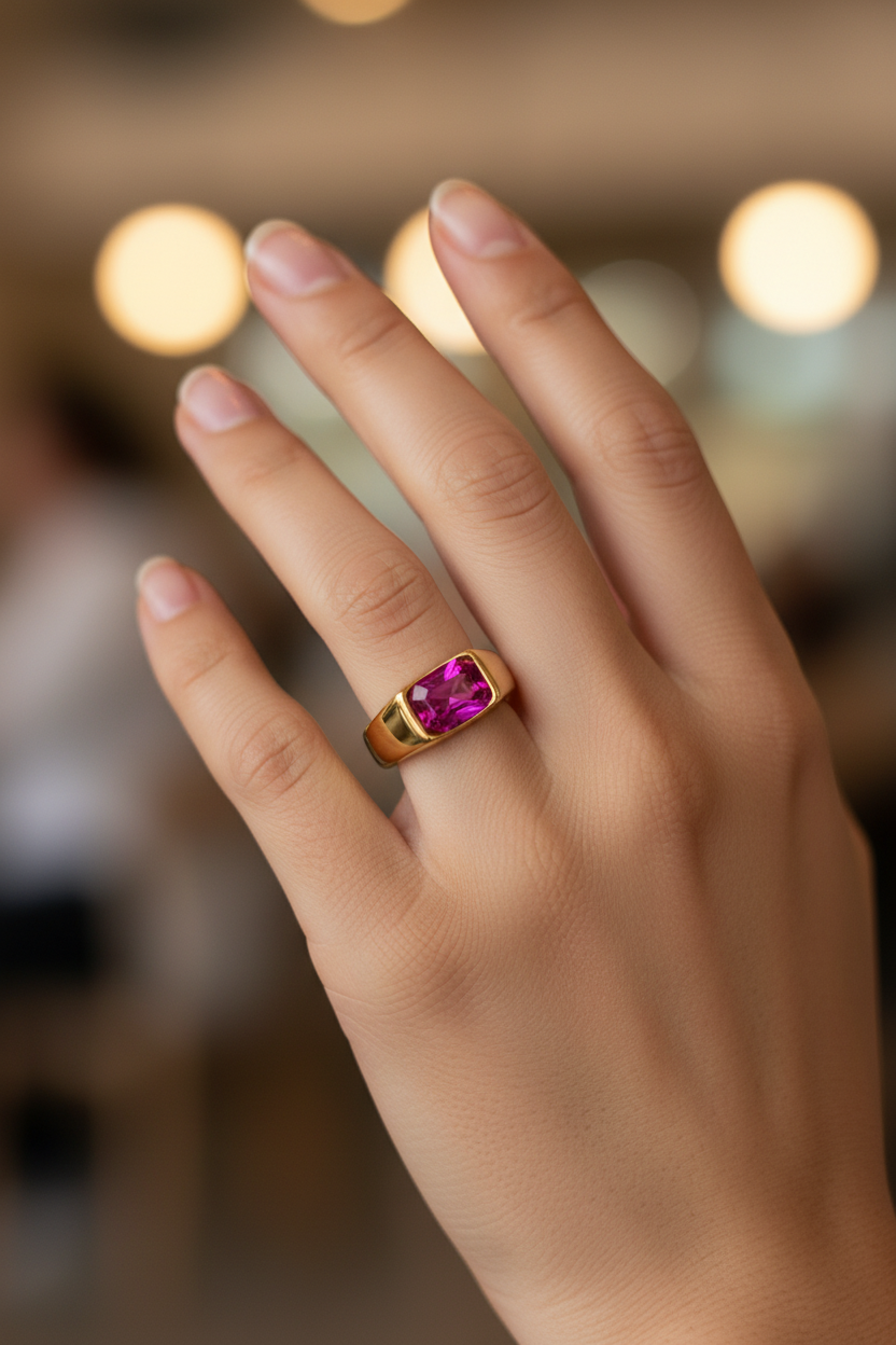 Mão com anel de ouro com pedra rosa retangular