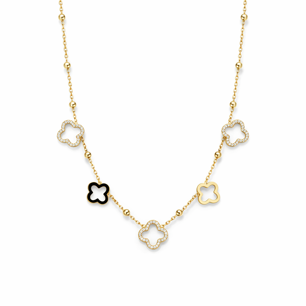 Colar dourado com pendentes em forma de flor e pedras brancas