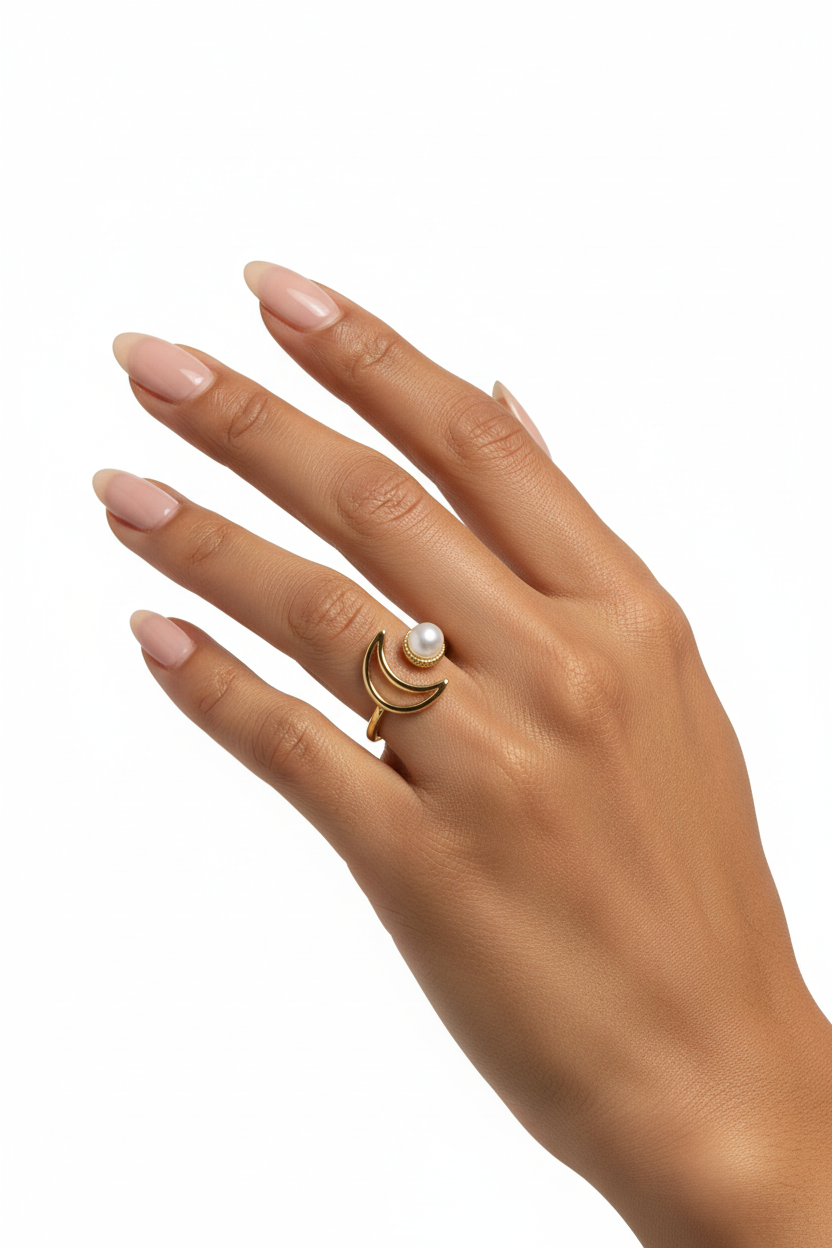 Mão com anel dourado com pérola em fundo branco