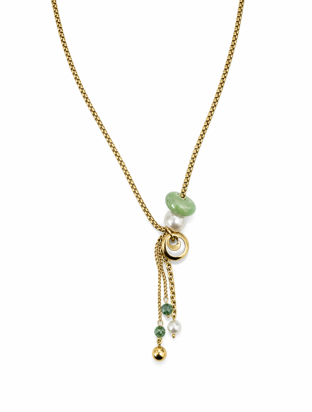Colar dourado com pendente de contas verdes, pérola e esferas douradas