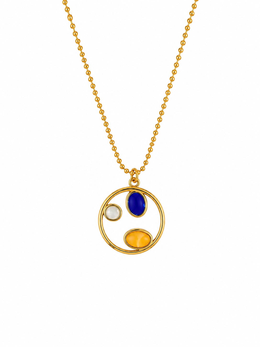 Colar dourado com pendente circular e pedras coloridas