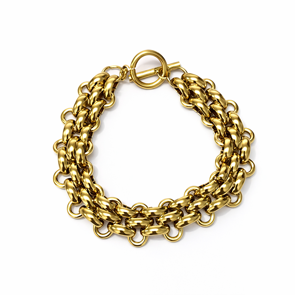 Pulseira dourada em corrente grossa com fecho t-bar