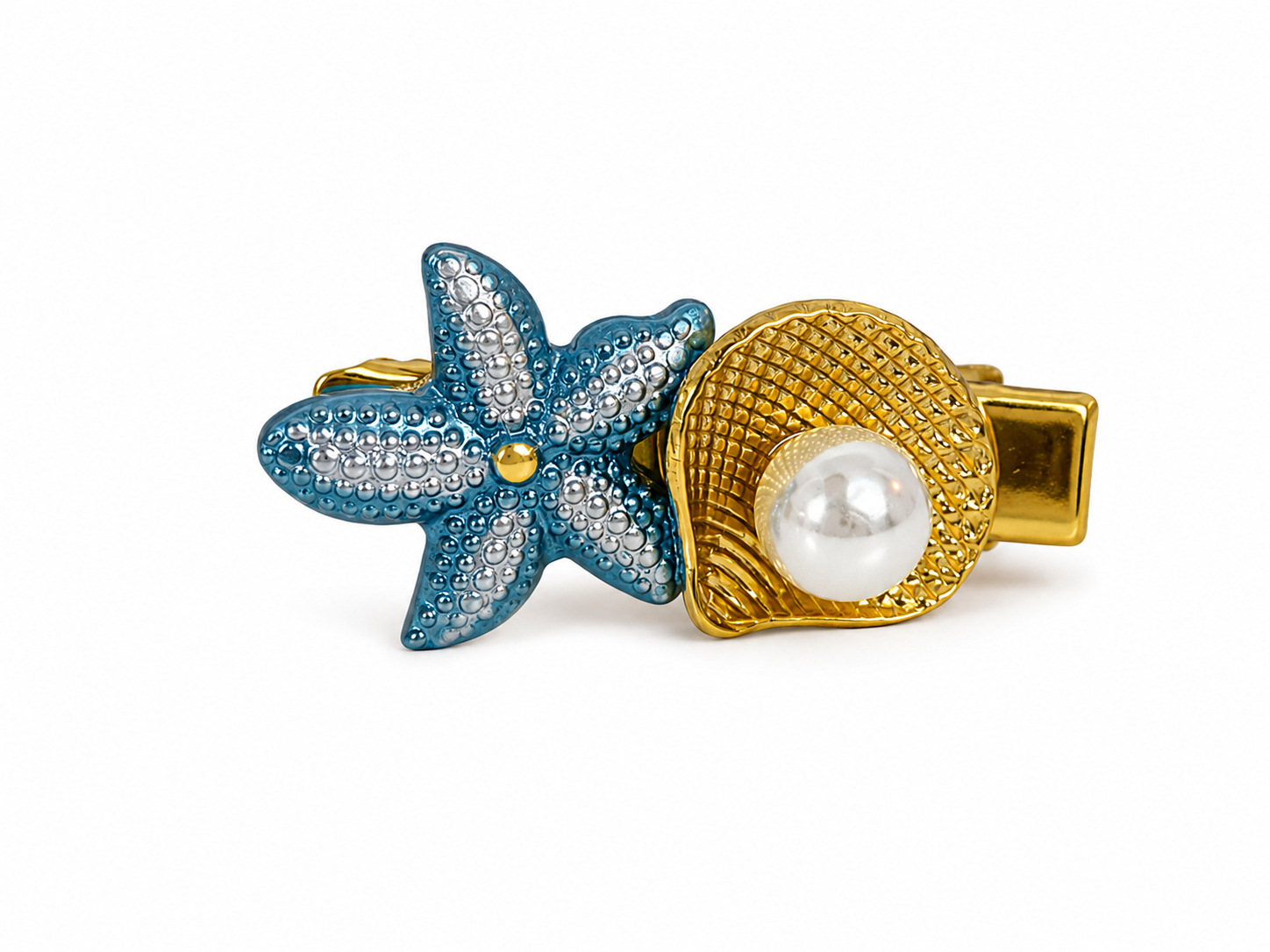Presilha de cabelo dourada e azul com estrela-do-mar e pérola.