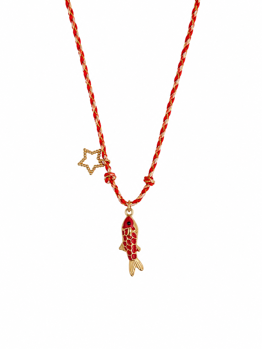 Colar com cordão vermelho e dourado com pendente de peixe e estrela dourados