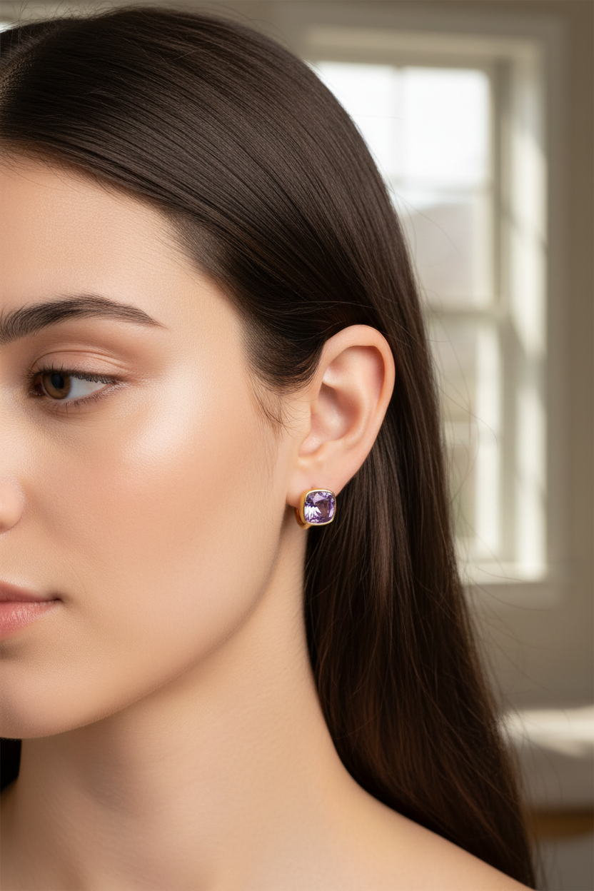 Brincos de ouro com pedra roxa quadrada em mulher com cabelo castanho.