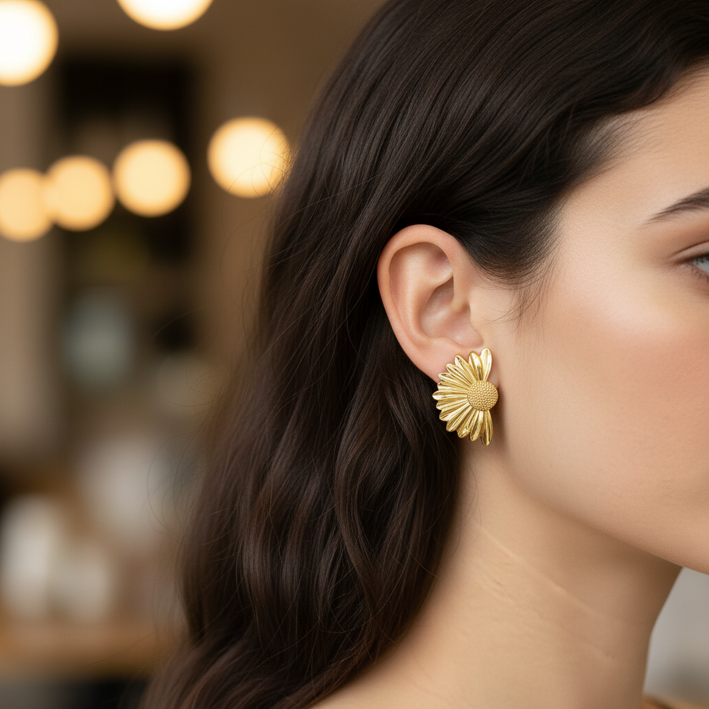 Brinco dourado em forma de flor na orelha de uma mulher com cabelo castanho escuro