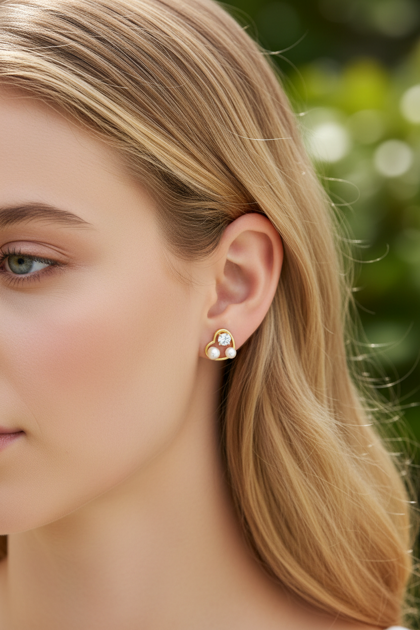 Brincos de coração dourados com pérolas e pedra brilhante na orelha de mulher loira