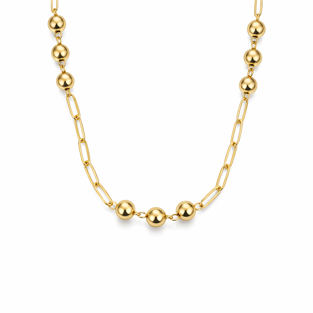 Colar dourado com elos e esferas brilhantes