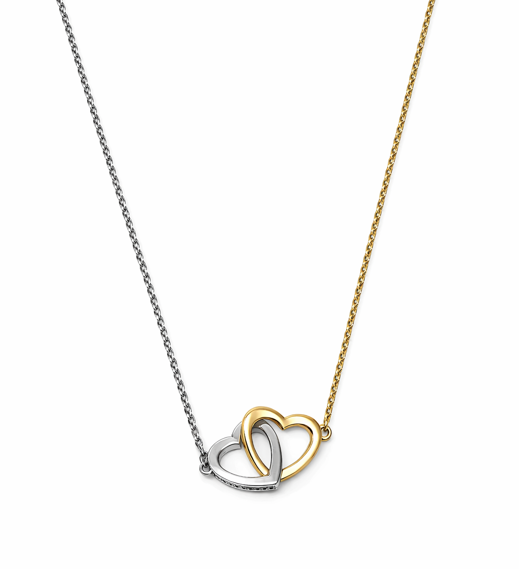 Colar com dois corações entrelaçados em prateado e dourado.