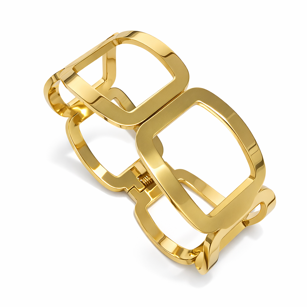 Presilha de cabelo dourada em metal com design geométrico quadrado