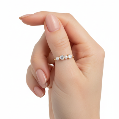 Anel dourado com pérolas e pedras em dedo feminino com verniz cor de pele