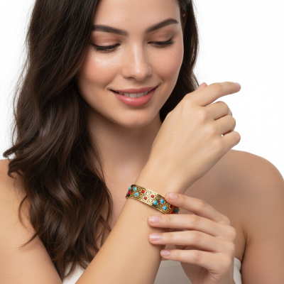 Pulseira dourada com pedras vermelhas e azuis num braço feminino