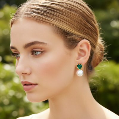 Brincos de pérola e pedra verde em forma de coração.