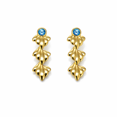 Brincos dourados com folhas e pedra azul