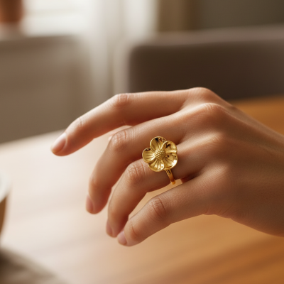 Anel dourado em forma de flor numa mão sobre mesa de madeira
