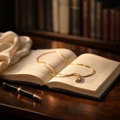 Colar dourado com pendente sobre livro aberto e caneta preta em mesa de madeira