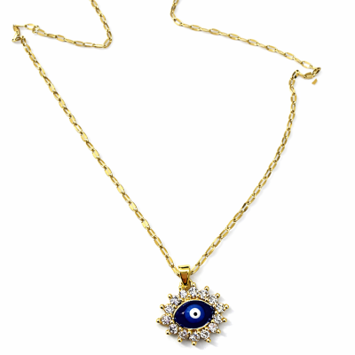 Colar dourado com pendente olho azul e pedras transparentes